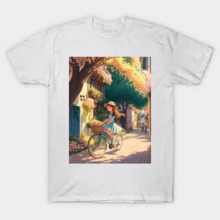 A cute girl explores a lively street on her bicycle. T-Shirt